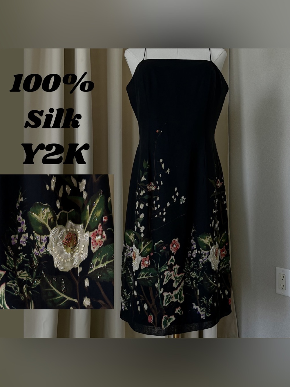 Papell y2k Silk Beaded Midi Dress Black Floral Whimsigoth Fairy 12